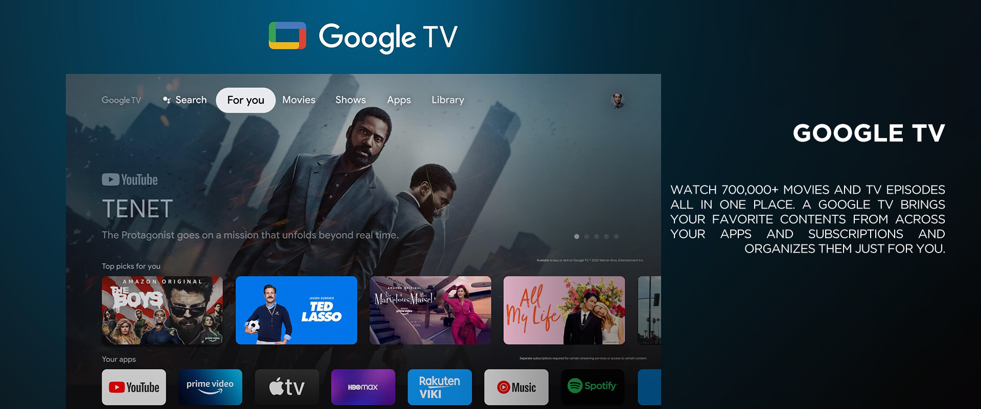GOOGLE TV - Watch 700,000+ movies and TV episodes all in one place. A Google TV brings your favorite contents from across your apps and subscriptions and organizes them just for you.